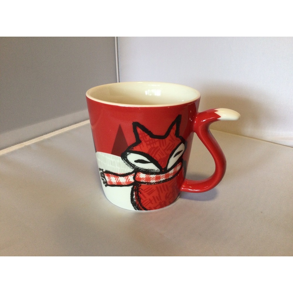 2016 Starbucks Red Fox With Tail Handle Winter 12oz Coffee Mug Cup Red & White